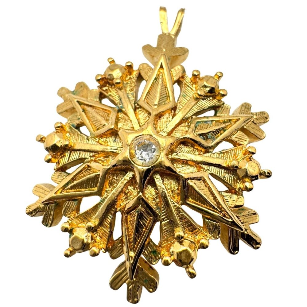 Gold Snowflake Pendant Clear Crystal Center 1 3/8 Inches Elegant Jewelry Design